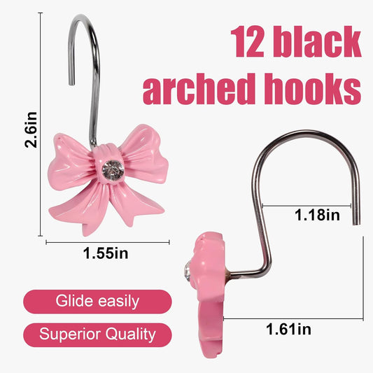 12 Pcs Bow Shower Curtain Hooks, Bow Design Resin Rustproof Bathroom Curtain Hook Decoration, Decorative Accessories for Shower Rings in Girls' Bathrooms (Pink)