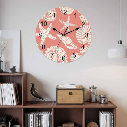 LooPoP Wall Clock Shell Starfish Clocks PVC Silent Non-Ticking Battery Operated Decorative Pink Coastal Coral Conch Round Clock for Home Living Room Kitchen Bedroom Office School Wall Decor 10 Inch