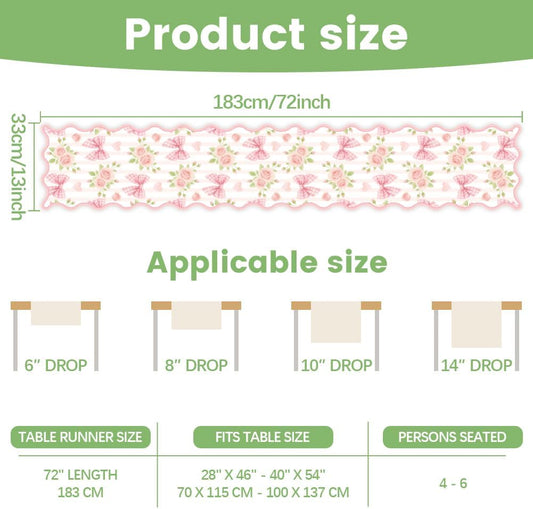 WADORN Pink Bowknot Floral Love Hearts Table Runner Decoration 72x13 Inch | pink white stripe linen kitchen dining desk decor; scalloped edge spring summer table runner for holiday party indoor outdoor