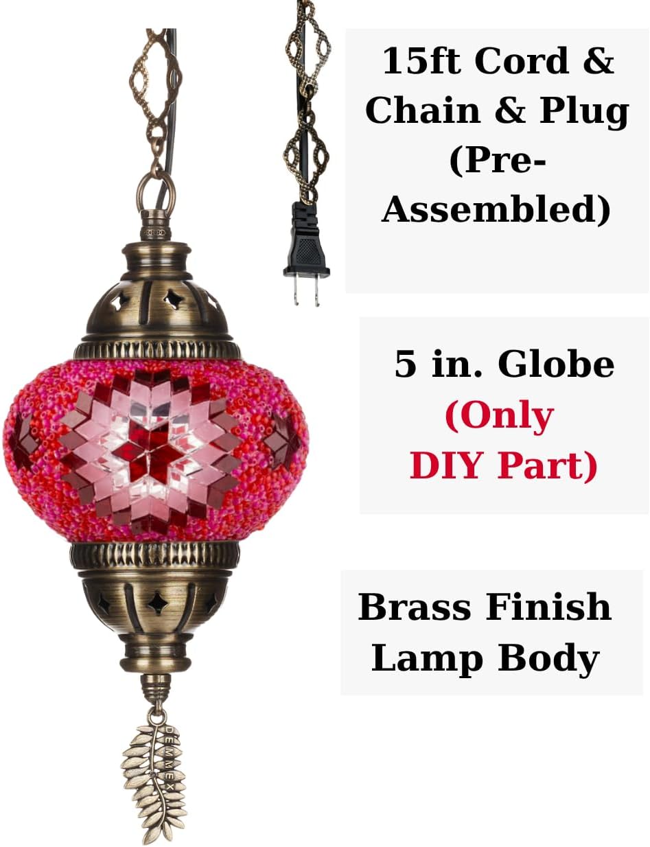 DEMMEX DIY Turkish Mosaic Plug-in Hanging Lamp Kit – NO Grout or Plaster, Beginner-Friendly – Complete Tiffany Mosaic Glass Light-Making Craft Project Kit for Adults and Teens (Pink)
