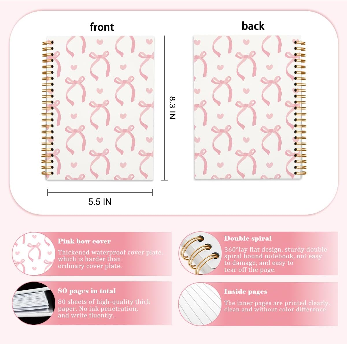 QUICQOD Journal for Teens Girls, Cute Pink Preppy Coquette Notebook Journal Diary School Supplies, Cute Notebooks for Women, Hardcover Pink Spiral Notebook 5.5x8.3 Inch