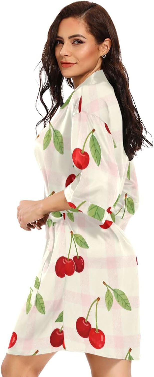 Fresh Cherry Pattern Pink Check Womans Bathrobes Comfy Sleeve Night Shirt for College Dorm