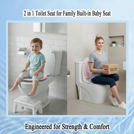 MinSha Elongated V/U Toilet Seat with Built-in Child Seat, 2-in-1 Family Potty Training Seat with Quiet Soft Close, Removable Toddler Seat, Durable PP Material, Easy to Clean & Install, 18.1 in (Pink)