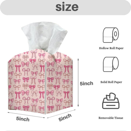 Tissue Box Cover, Tissue Box Holder, Square with Belt Bottom, PU Leather Decorative Organizer for Desk, Tabletop, Countertop Bathroom, Toilet Car, Office, Dresser Bedside, Aesthetic Pink Bow Decor