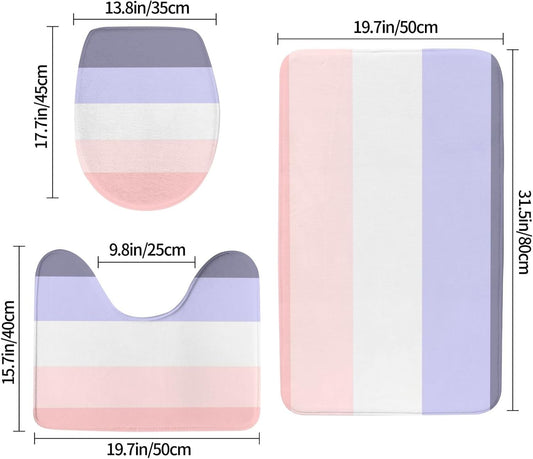 Bathroom Rugs Set 3 Piece Horizontal Stripe Pink, Peach & Purple Bath Rug Mat Set, Non Slip Absorbent Bathroom Decor Mat, Toilet Lid Cover & U Shaped Contour Rug