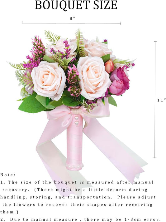 Blush & Magenta Wedding Bouquets for Bride Bridesmaid Artificial Roses Flowers Bridal Bouquet for Rustic French Vintage Formal Wedding Church Home Decoration