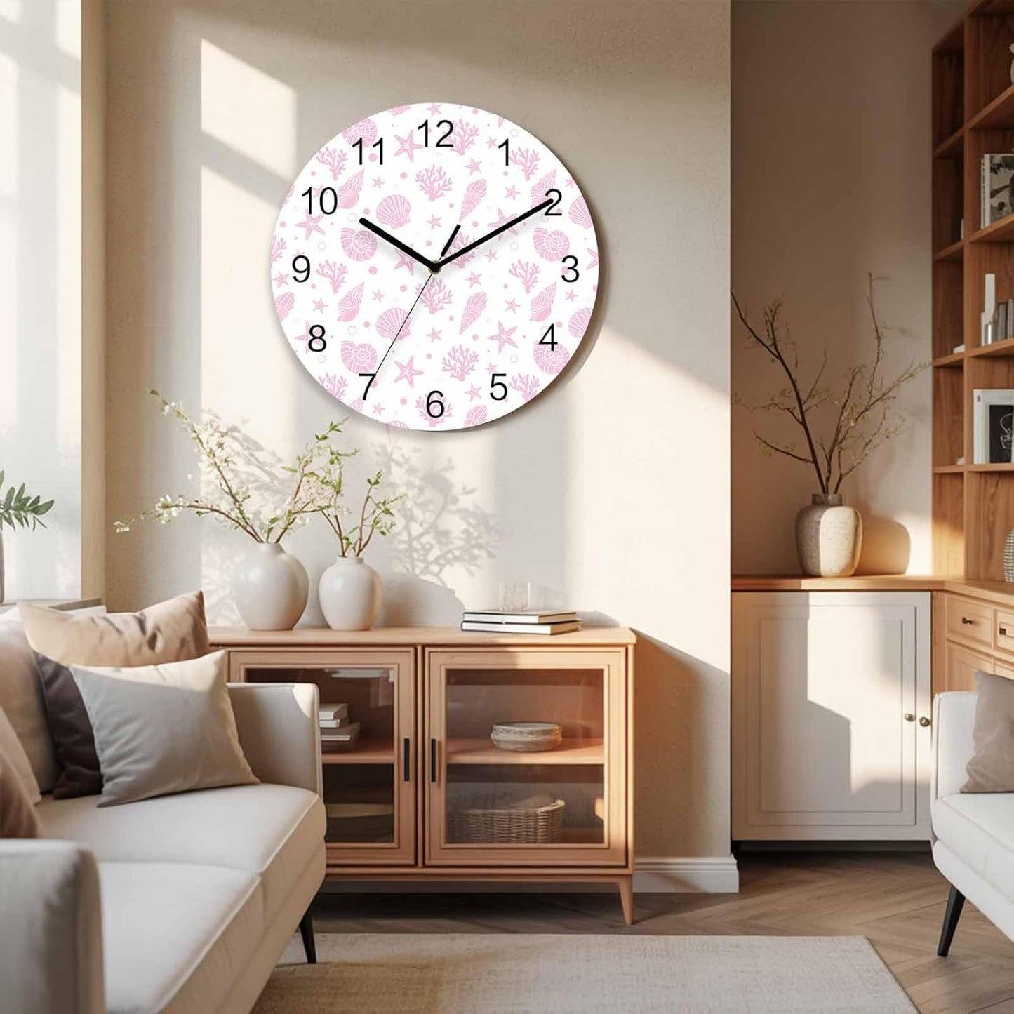 Marine Life Wall Clock Battery Operated Non-Ticking 10" Round Wood Clocks, Pink Ocean Coral Shell Starfish Kitchen Wall Clock for School Bathroom Living Room Home Office Wall Decor