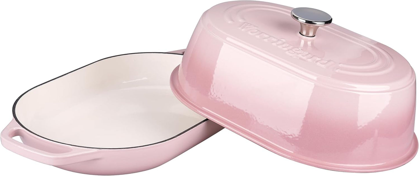VORRINGARD Enameled Cast Iron Dutch Oven Pot with Dome Lid, Oval Bread Oven for Homemade Sourdough Bread Baking, Oven Safe up to 500°F, 6 Quart, Pink
