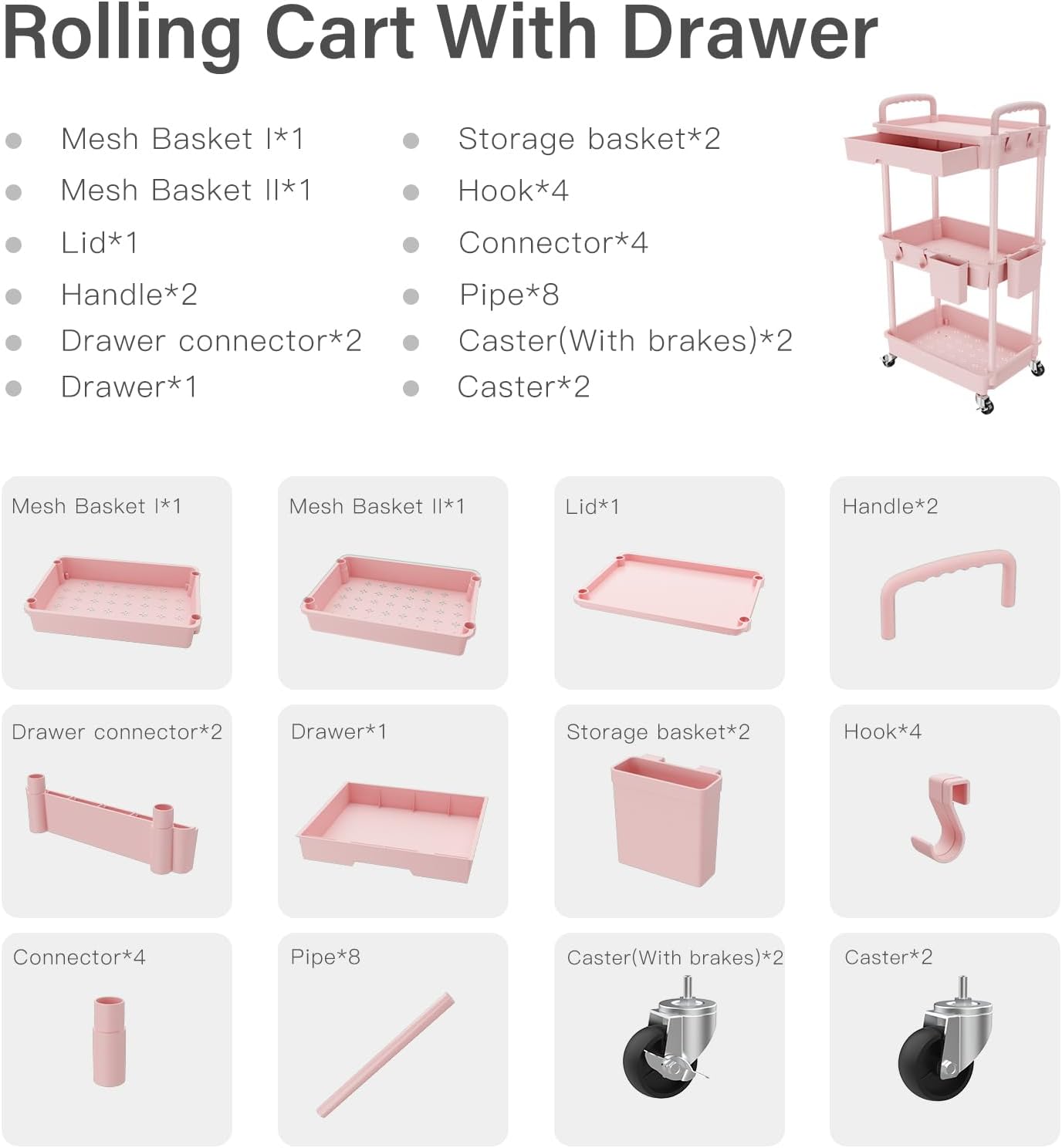 REBECAT 3 Tier Rolling Utility Cart with Drawer,Storage Cart,Rolling Cart for Kitchen,Bathroom,Living Room,Storage Organizer with Iron Wheels(Pink