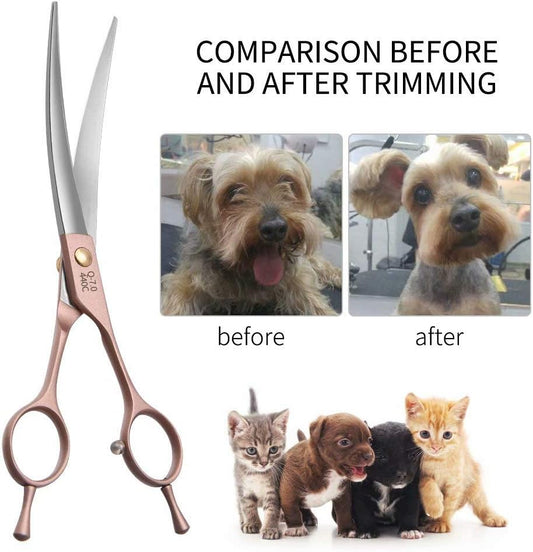 Professional Curved Dog Grooming Scissors 7'' Rose Gold 440C Stainless Steel Pet Cutting Shears Safety Trimming Shearing for Dogs Cats