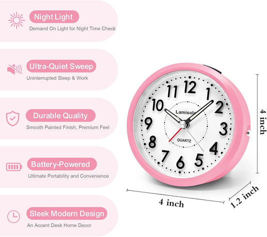 Lamisola Small Desk Clock, Battery Operated Travel Clock, Pink Analog Alarm Clock for Bedroom Home Office Bathroom Kitchen, Silent Large Display- Pink