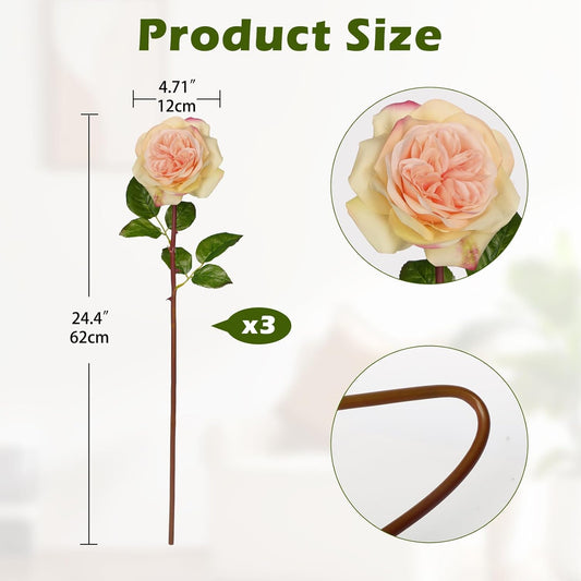 Artificial Roses - Set of 3 Long-Stem Real Touch Silk Roses, 24.4" Faux Flowers for Home Decor, Wedding Bouquets, Centerpieces & Floral Arrangements โ Lifelike Peach Fake Roses