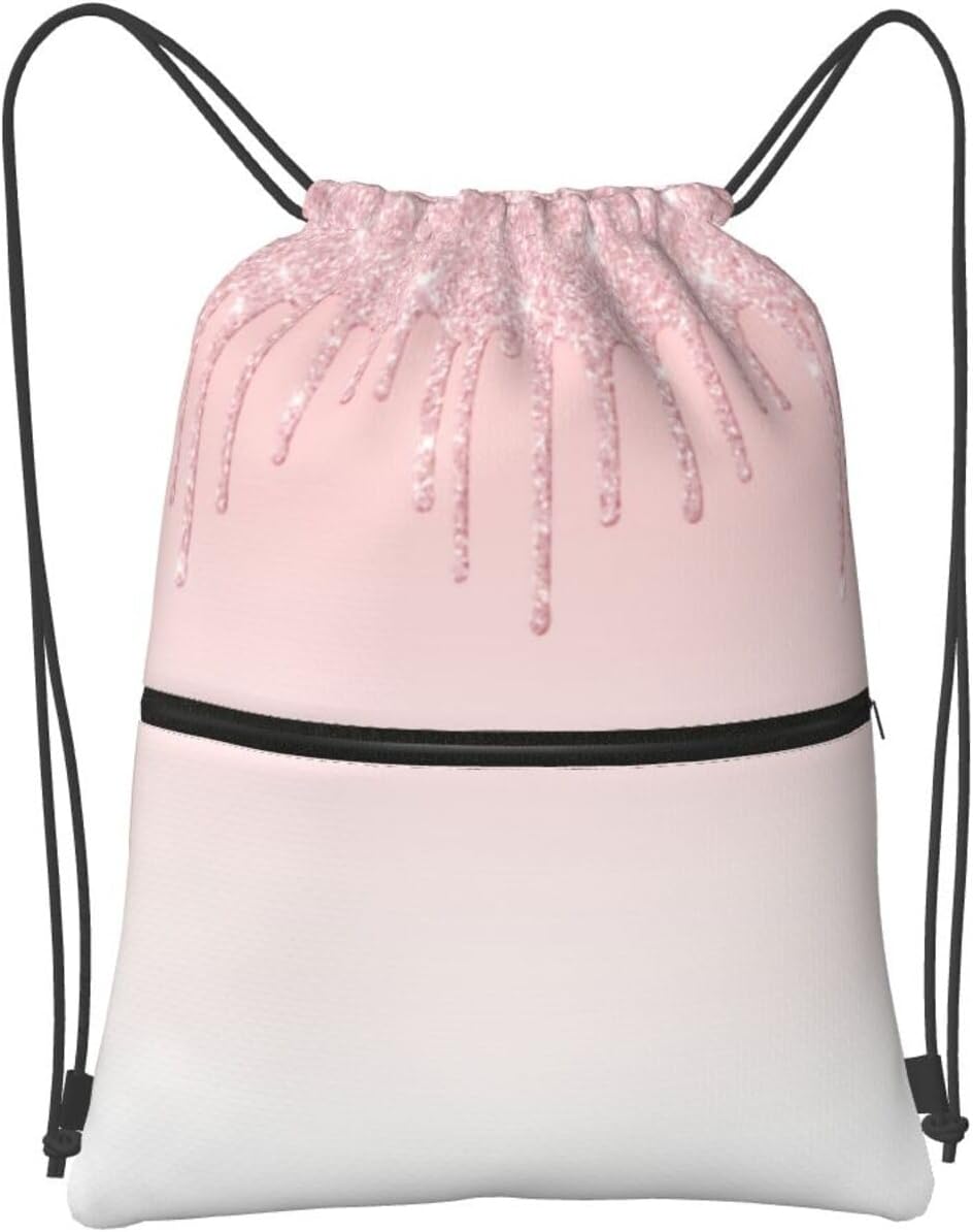 Pink Glitter Drip Drawstring Backpack, Gym Swim Bag Cinch Bag For Women Men With Zipper Pocket