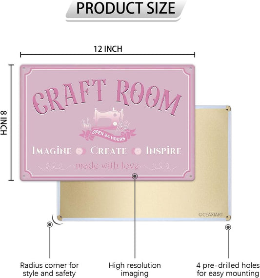 Craft Room Metal Tin Sign Wall Decor Vintage Art Poster Hanging Plaque for Home Farmhouse Kitchen Bar Cafe Office Gift for Quilters Seamstresses Tailors Sewing Addicts 12x8 Inches (Pearl Pink)
