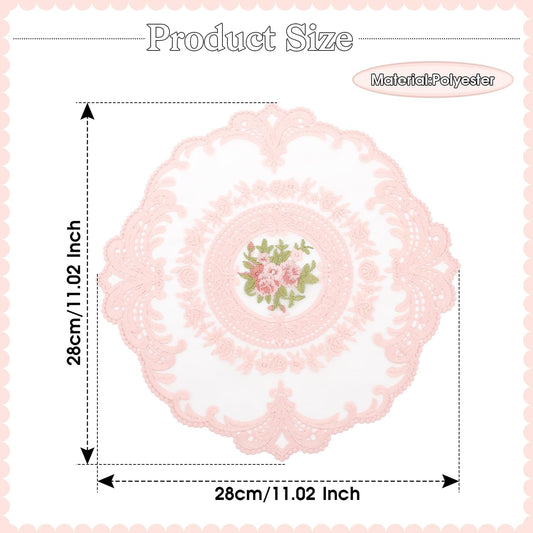 4 Pack Lace Placemats, 11 Inch Round Vintage Doilies, Pink Handmade Crochet Embroidery Table Mats for Dining Table, French Retro Home Decor, Wedding & Party