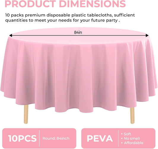 10 Pack Premium Disposable Plastic Tablecloth 84" Round Table Cover for Birthdays Weddings Christmas Anniversary Buffet Table (Pink)
