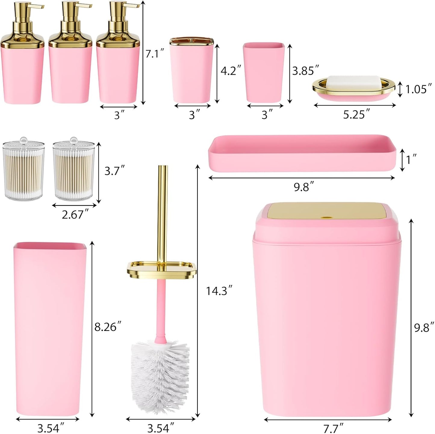 Bathroom Set - 11PC Bathroom Accessory Set, Bathroom Accessories Set, Pink Bathroom Set, Push-lid Trash Can, 3PC Soap Dispensers, Toilet Brush & Q-tip Holders