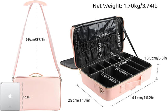 Travel Makeup Train Case,Large Capacity Cosmetic Bags for Women,Portable Makeup Bag Organizer with Adjustable Dividers & Shoulder Strap(Pink, L)