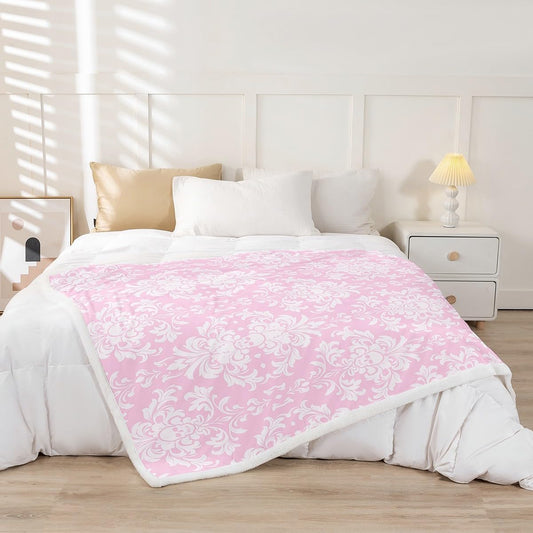 jejeloiu Damask Pattern Fleece Throw Blanket Throw 50"x60" Vintage Floral Flower Pink Sherpa Blanket Plush Fuzzy for Adults Teens Gothic Bone Skeleton Antique Victorian Baroque for Bed Couch Chair