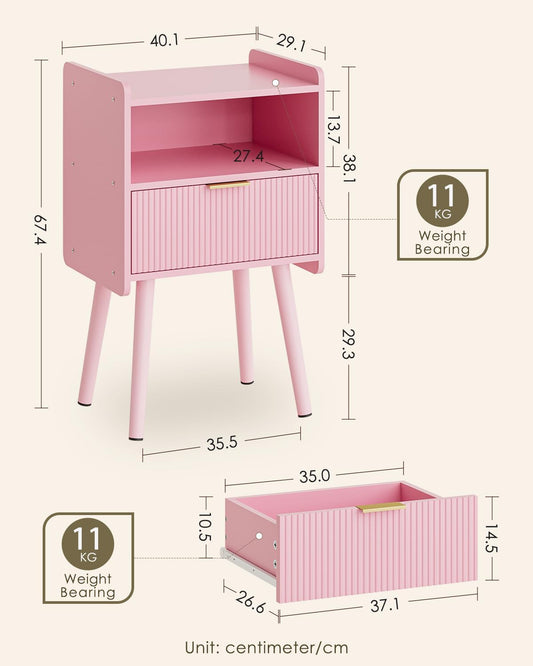 Night Stand, Modern Side Table, Small Nightstand, Wood Bedside Table with Storage Drawer End Table for Bedroom,Living Room,Office, Pink
