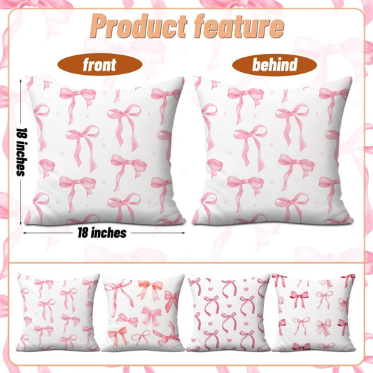 2PCs Pink Bow Pillow Covers Coquette Trendy Preppy Throw Pillow Covers 18x18 Pillowcases Pink Bows Decorative Aesthetic Design Room Decoration for Girly Bedroom Girls Room Sofa Car Couch