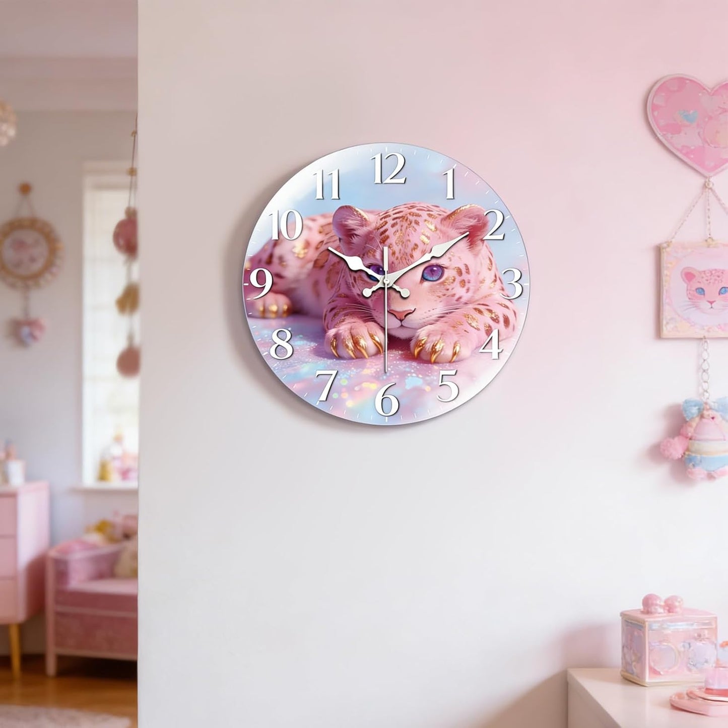 peacoblue Wall Clocks Battery Operated 12 Inch Pink Leopard Glass Round Wall Clock Non Ticking for Kitchen Living Room Dining Room Bedroom and Bathroom Decor (Battery not Included)