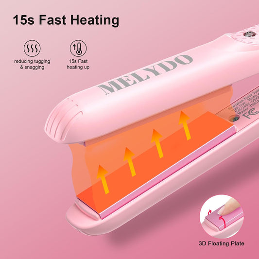 Mini Flat Iron for Travel, 0.7 Inch Small Hair Straightener for Short Hair & Bangs, Fast Heat Up 2-in-1 Straightening & Curling Iron, Dual Voltage Portable Mini Straightener with Pouch (Pink)