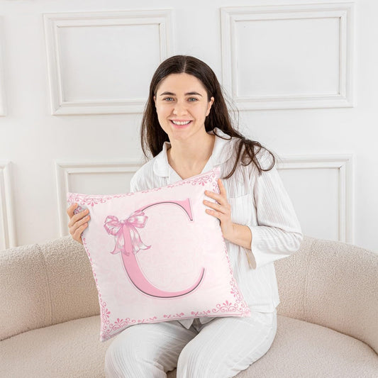 Manfei Pink Letter C Throw Pillow Cover Princess Bowknot Double Sides Pillow Case for Kids Boys Girls,Watercolor Floral Bow Cushion Cover for Bed Couch Sofa,1 Pack 18"x18"