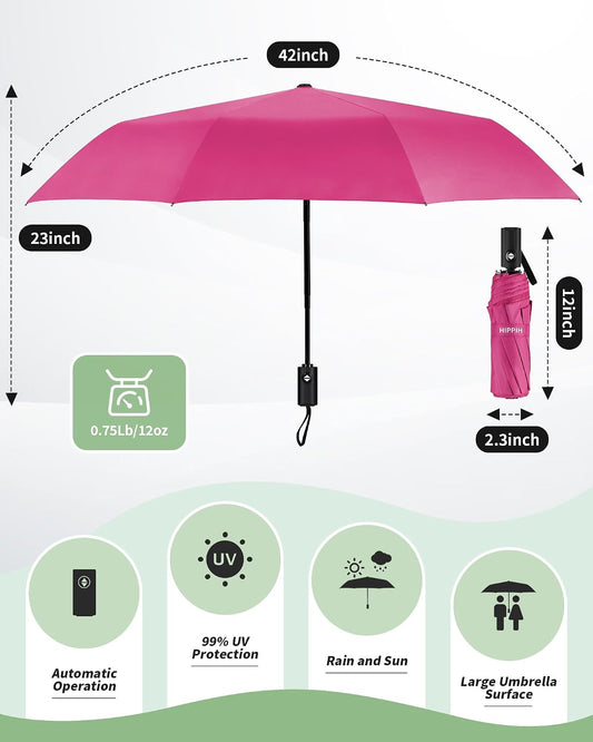 HIPPIH Compact Travel Umbrella for Rain - Windproof Automatic Umbrellas, UV Umbrella for Sun Protection with Black Anti-UV Coating, Portable Small Umbrellas for Backpack, Car, Walking, Kids, Women