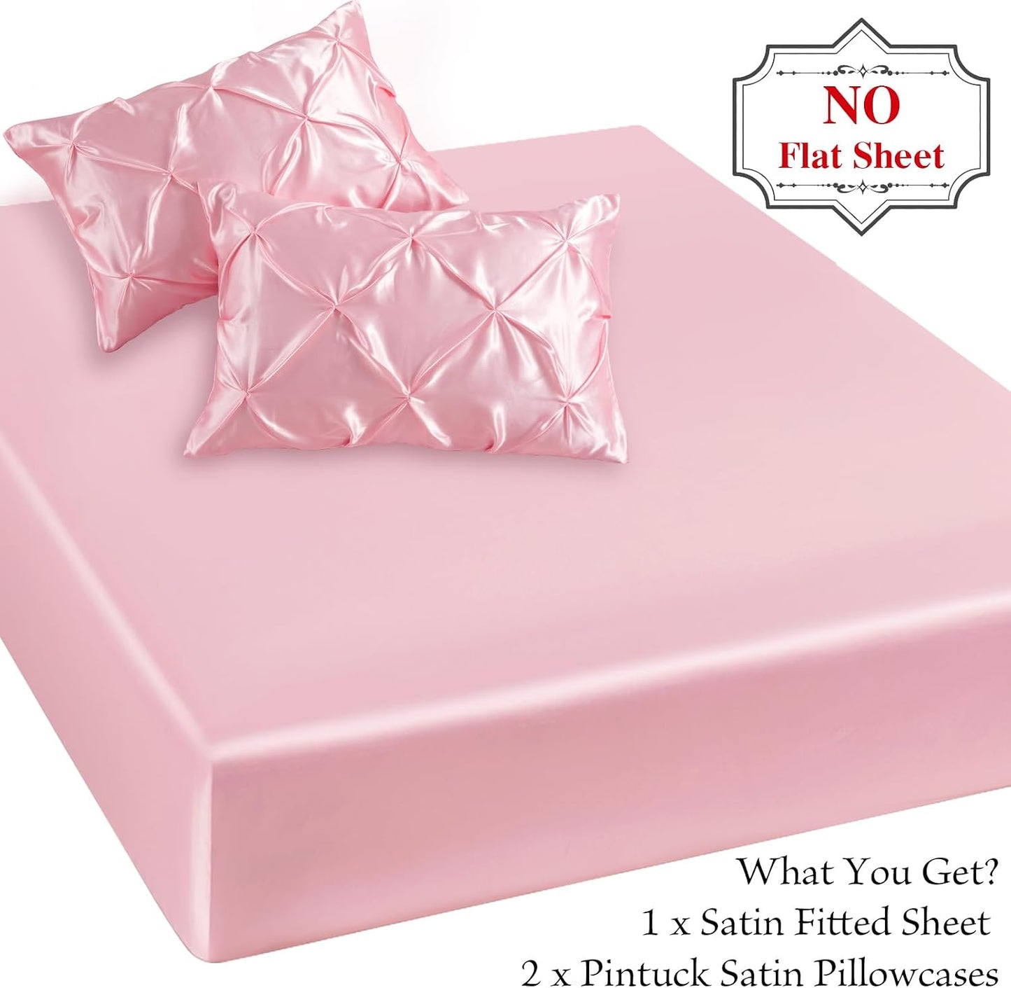 P Pothuiny 3-Piece Set Pintuck Satin Pillowcases & Queen Fitted Sheet, Blush Pink Satin Sheet Silky Soft Luxury Romantic Pinch Pleated Bedding Bedroom Dorm Decor, 15 Inch Deep Pocket
