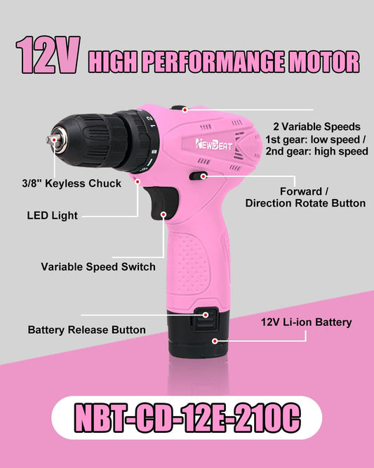 Cordless Drill Set, 12V Power Drill Driver with 2 Battery and Charger, Pink Electric Drill Power Tool for Women DIY Gifts