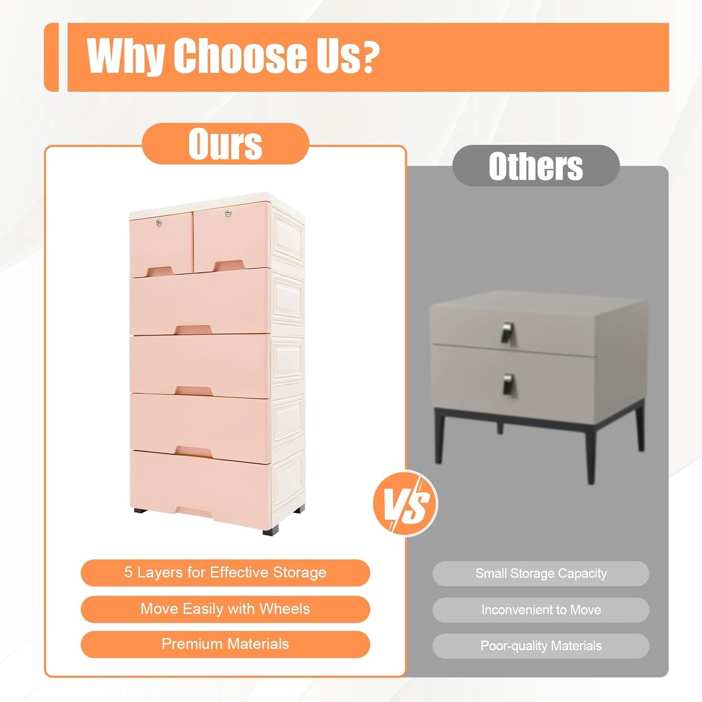 5-Tier Plastic Drawers Dresser with Lock, Storage Dresser with 6 Drawers, Freestanding Movable Tower Storage Drawers Organizer, Tall Dressers Shelf for Living Rooms Furniture (Pink)