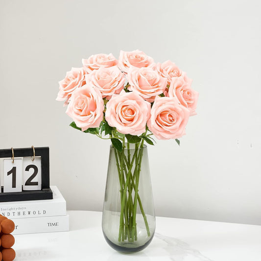 Artificial Rose 10pcs Open Flower Bouquet Faux Rose Stems for Wedding Arrangement, Bridal Bouquet, Centerpiece, Fake Faux Silk Flowers (Coral Peach)