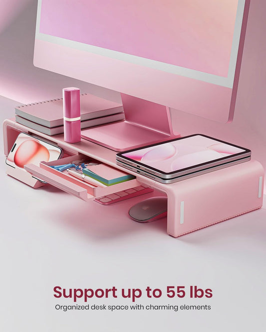 Pink Monitor Stand Riser, Klearlook Foldable, Height Adjustable Computer Stand, Desk Shelf Riser with Storage Drawer &Tablet Phone Stand for Desktop, Laptop