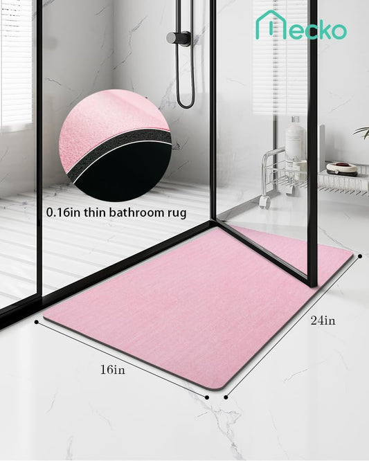 Mecko Bath Mat Rug, Ultra Thin Bathroom Rug -Rubber Non-Slip Quick Dry Absorbent Bath Mat Fit Under Door, Faux Suede Surface Bathroom Floor Mats for Bath, Shower, or Sink (Pink,16"x24")