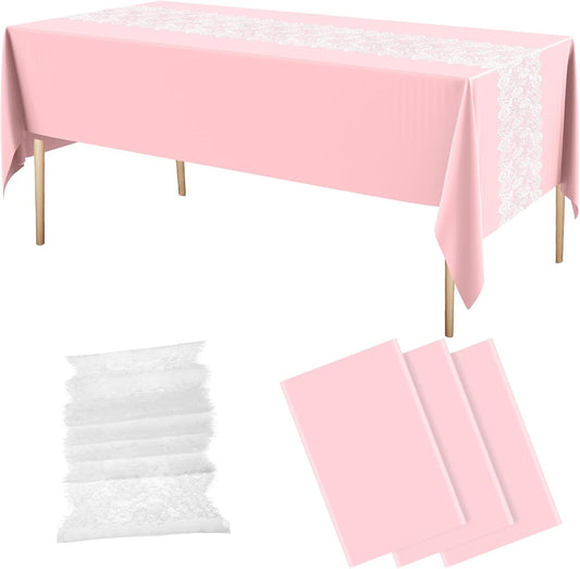 Oudain 6 Pcs Plastic Tablecloth Disposable Rectangular Tablecloth 54 x 108 Inch Tea Party Table Cover Lace Table Runner for Wedding Birthday Baby Shower Anniversary Decoration (Pink)