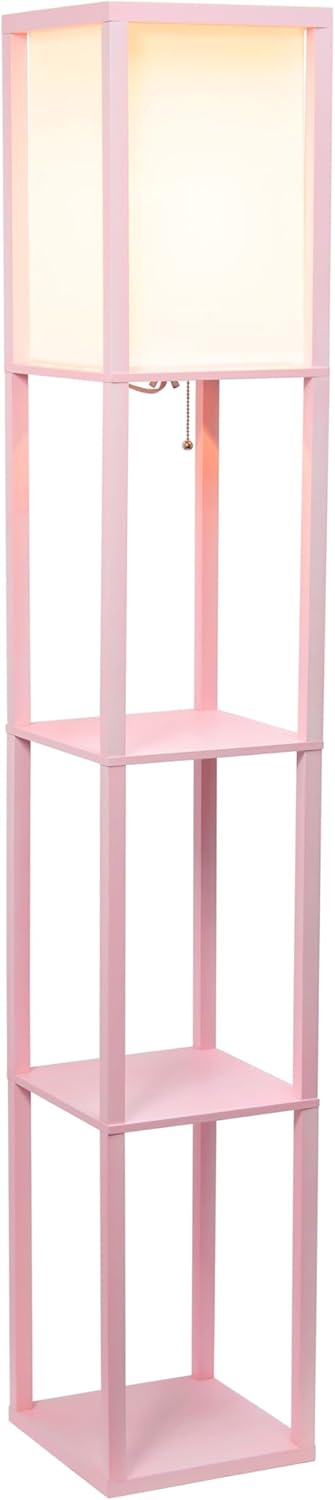 Simple Designs LF1014-LPK Etagere Organizer Storage Shelf Linen Shade Floor Lamp, Light Pink