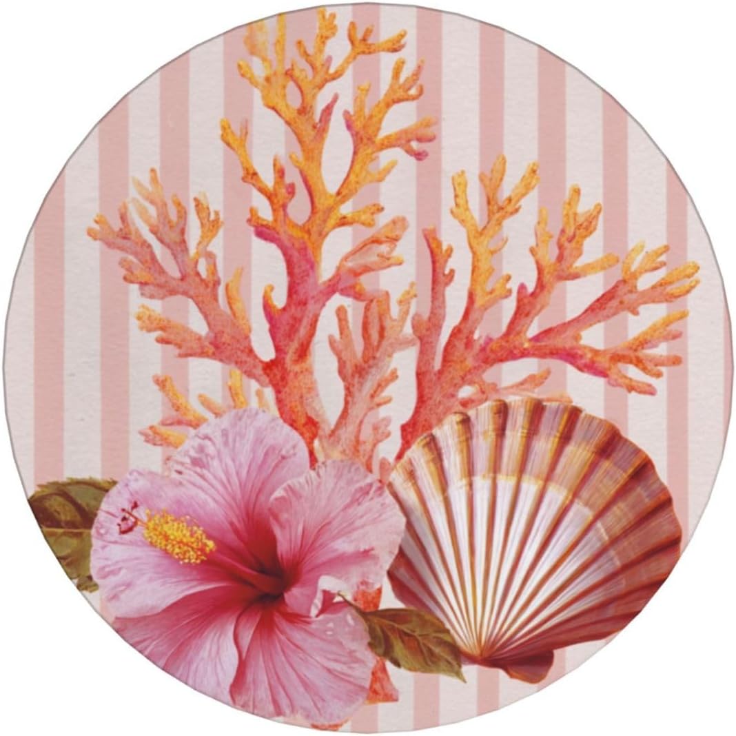 Light Pink Scallop Shell Hibiscus Flower Ceramic Coasters with Holder Set of 6 Coffee Cup Drink Coasters