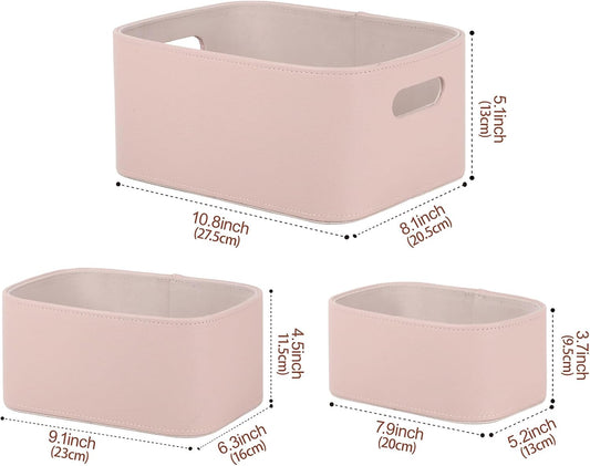 HofferRuffer Faux Leather Storage Baskets Bins with Velvet Lining for Organizing, Storage, Gifts, Set of 3 Nesting Shelf Baskets Decorative Storage Boxes for Home Organization (Pink)