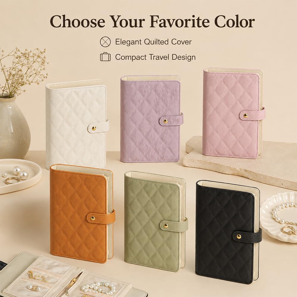 Travel Jewelry Notebook, Portable Jewelry Travel Case with 5 Detachable Velvet Zipper Pouches, Faux Leather Binder for Rings, Earrings, Necklaces (Light pink,2PCS)