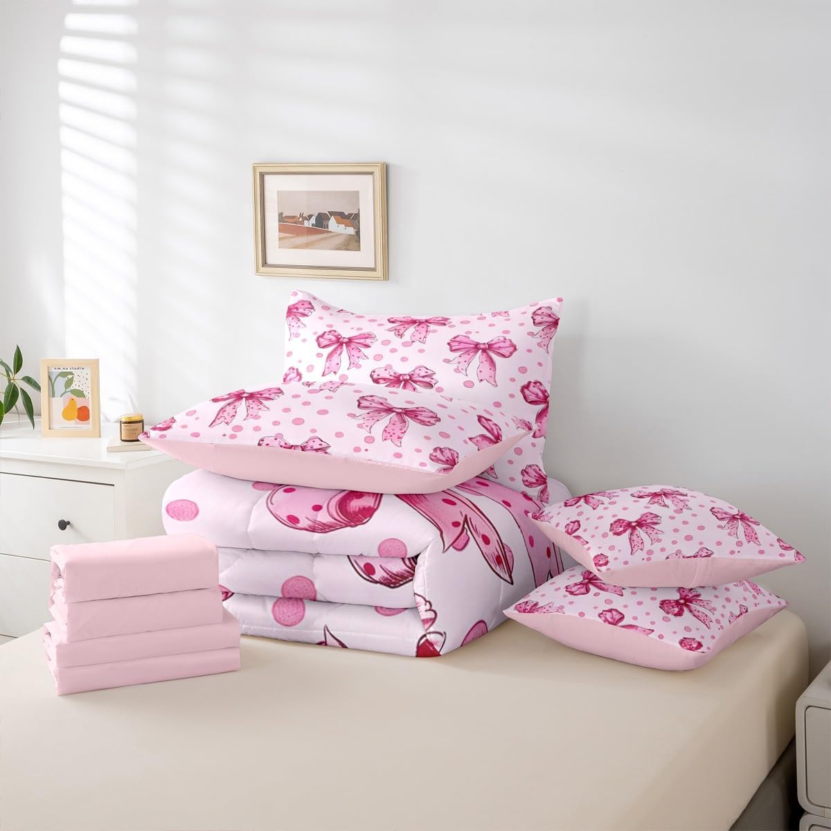 Erosebridal Pink Princess Bow Twin Comforter Set with Sheets 7 Piece Cute Coquette Bowknot Bed in A Bag Kawaii Ribbon Bow Bedding Sets for Kids Adults,Pink Watercolor Polka Dot Bed Set