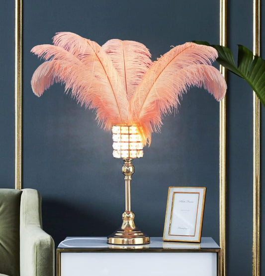 Feather Table Lamp Crystal Bedside Lamp with Pink Feather, String Lights Night Lights Decorative Lighting for Living Room Bedroom Home Decoration