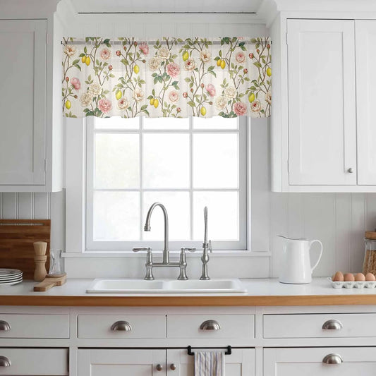 Spring Floral Sheer Curtains Valances for Windows Summer Lemons Farmhouse Art Rustic Chiffon Kitchen Valances for Cafe, Rod Pocket Voile Window Treatments Curtains for Living Room Bedroom, 54"x18"