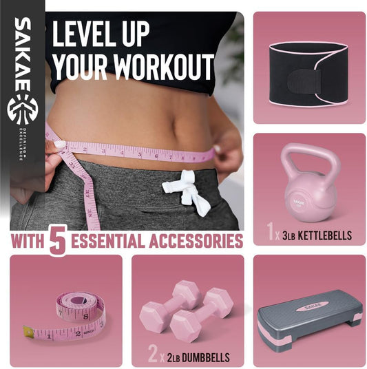 SAKAE Adjustable Aerobic Stepper Kit with Dumbbells & Kettlebell & Weightlifting Belt & Measuring Tape, 2 Level Risers Exercise Step Platform for Home Gym Exercise Fitness Workout, Multiple Colors