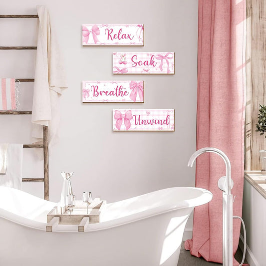 4 Pcs Pink Wall Decor, Pink Bathroom Room Decor for Teen Girls, Relax Soak Unwind Breathe Wooden Wall Art Decor, Coquete Bow Wall Hanging Signs