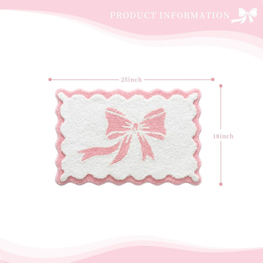 Anybar Bow Bath Mat Pink White Bathroom Rug Cute Scalloped Rugs Non Slip Floor Carpet Microfiber Bathmat Soft Super Absorbent Machine Washable Bathmat for Shower Scallop Bathroom Mats(18x25 inch)