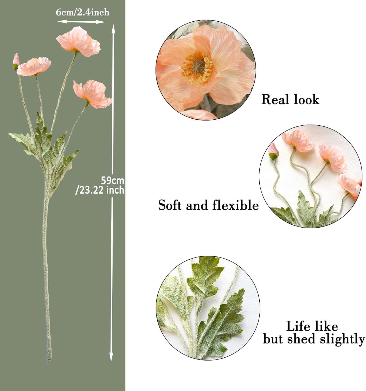 Artificial Flowers 5Pcs Poppies Flowers Artificial Silk Flowers for Home Office Wedding Outdoor Decor (Coral)