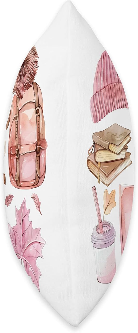 Pink Watercolor Fall Aesthetic with Books and Autumn Leaves Throw Pillow