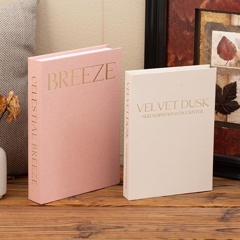 Linen Magnetic Fake Book Storage Box Set of 2 - Decorative Book Prop, Hidden Storage Box, Coffee Table TV Stand Decor (Large & Small) (cherry blossom pink + milky yellow)