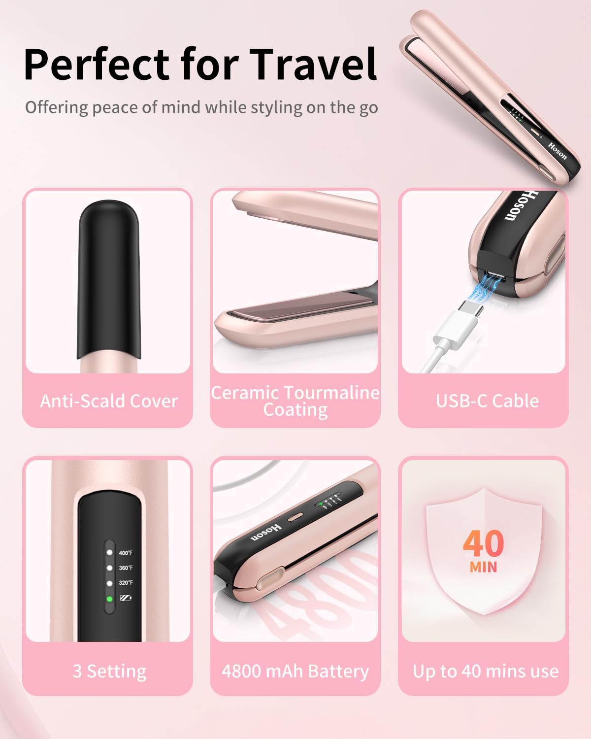 Cordless Hair Straightener,Portable Mini Flat Iron Travel for Bangs,Short Hair, Rechargeable Curling Iron and Curler 2 in 1,Pink,for Touch Ups